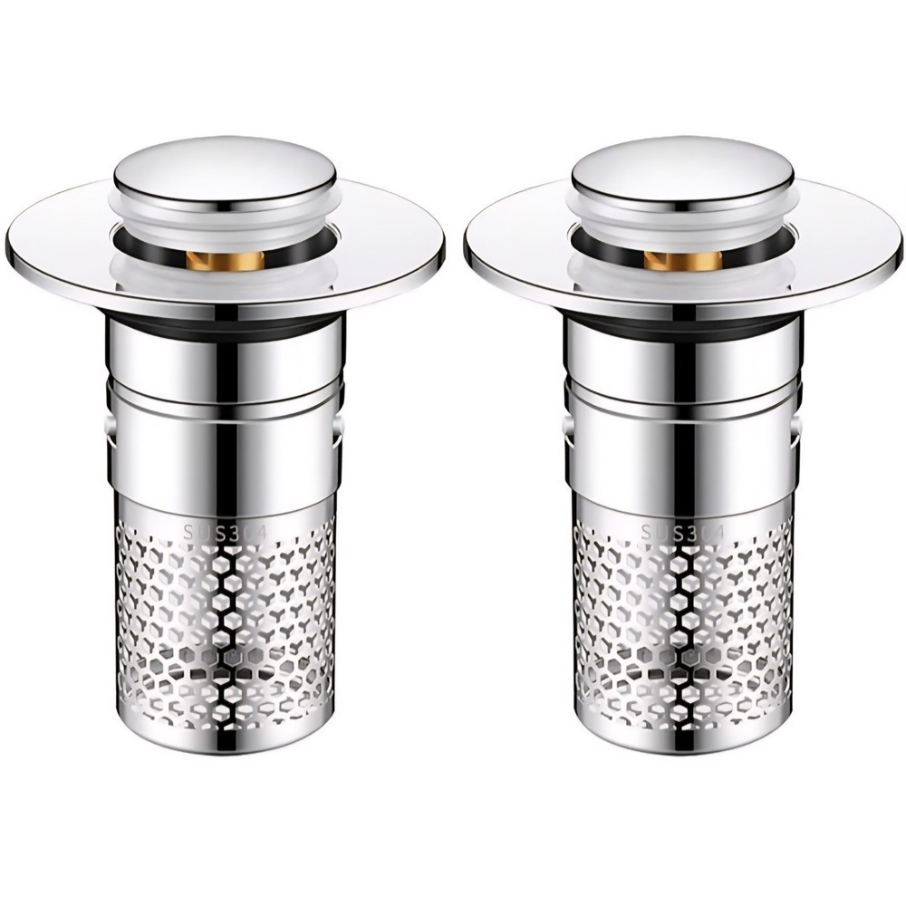 Stainless Steel Bathroom Sink Stopper – 2PCS Pop-Up Drain Plug with Hair Catcher